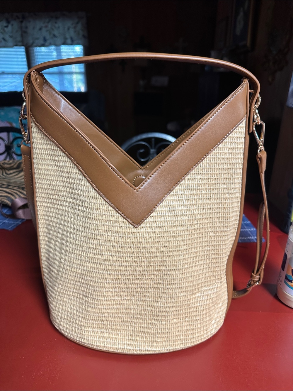 SHEIN Cream Woven Bucket Tote with Tan Leather Trim